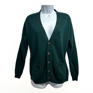 WOOLOVERS V-Neck Cardigan Sweater Deep Green 100% Wool Classic Fit Sz S Pockets